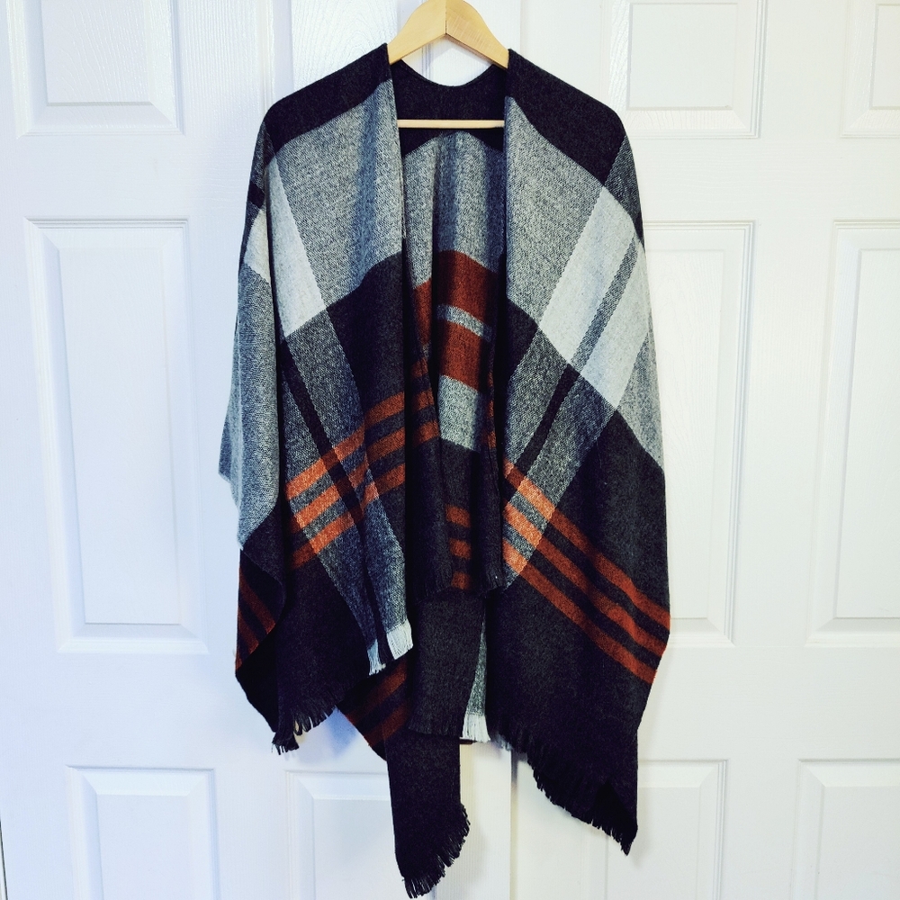 Grey, orange and black plaid poncho/wrap
